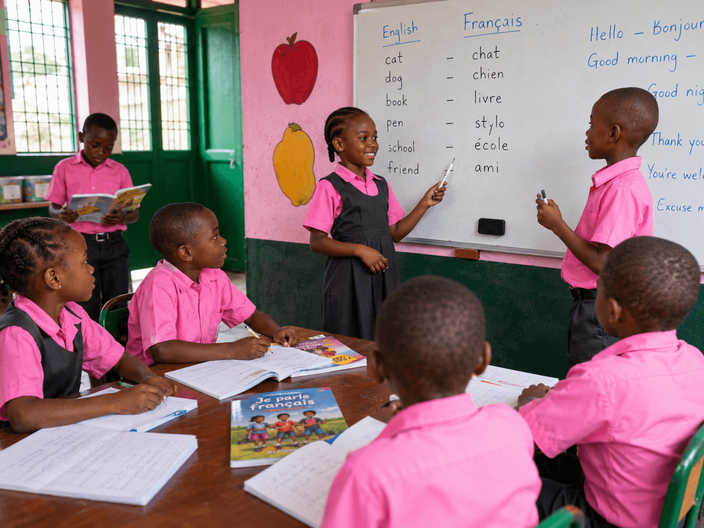 Calvary primary students at the whiteboard during a bilingual English-French lesson