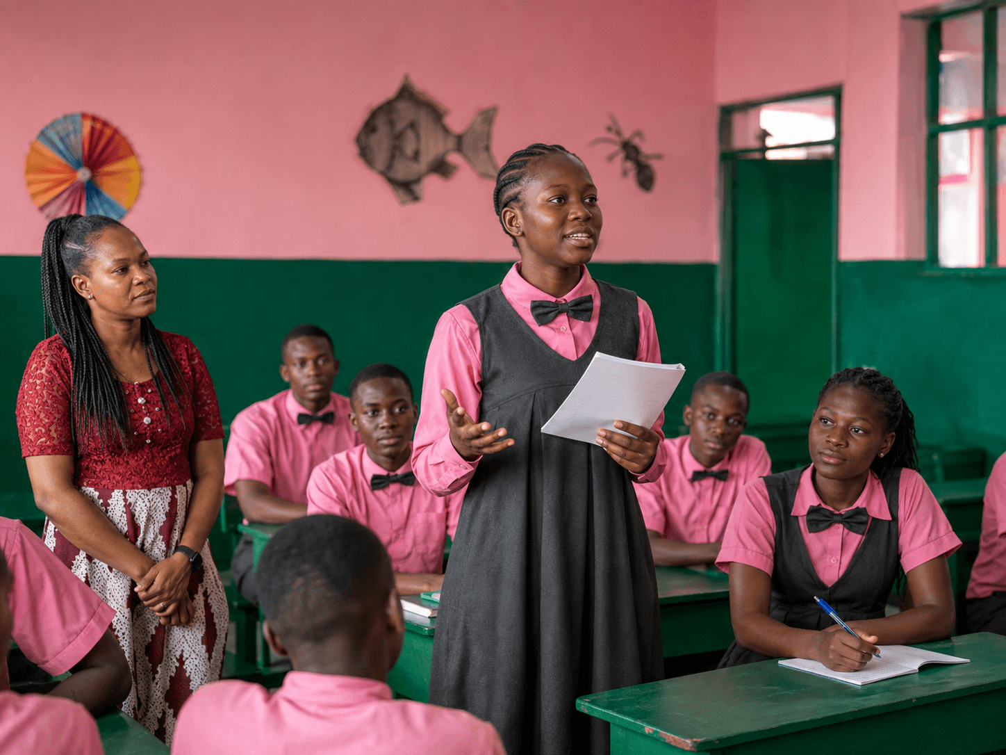 A Calvary secondary student presenting confidently in front of her classmates
