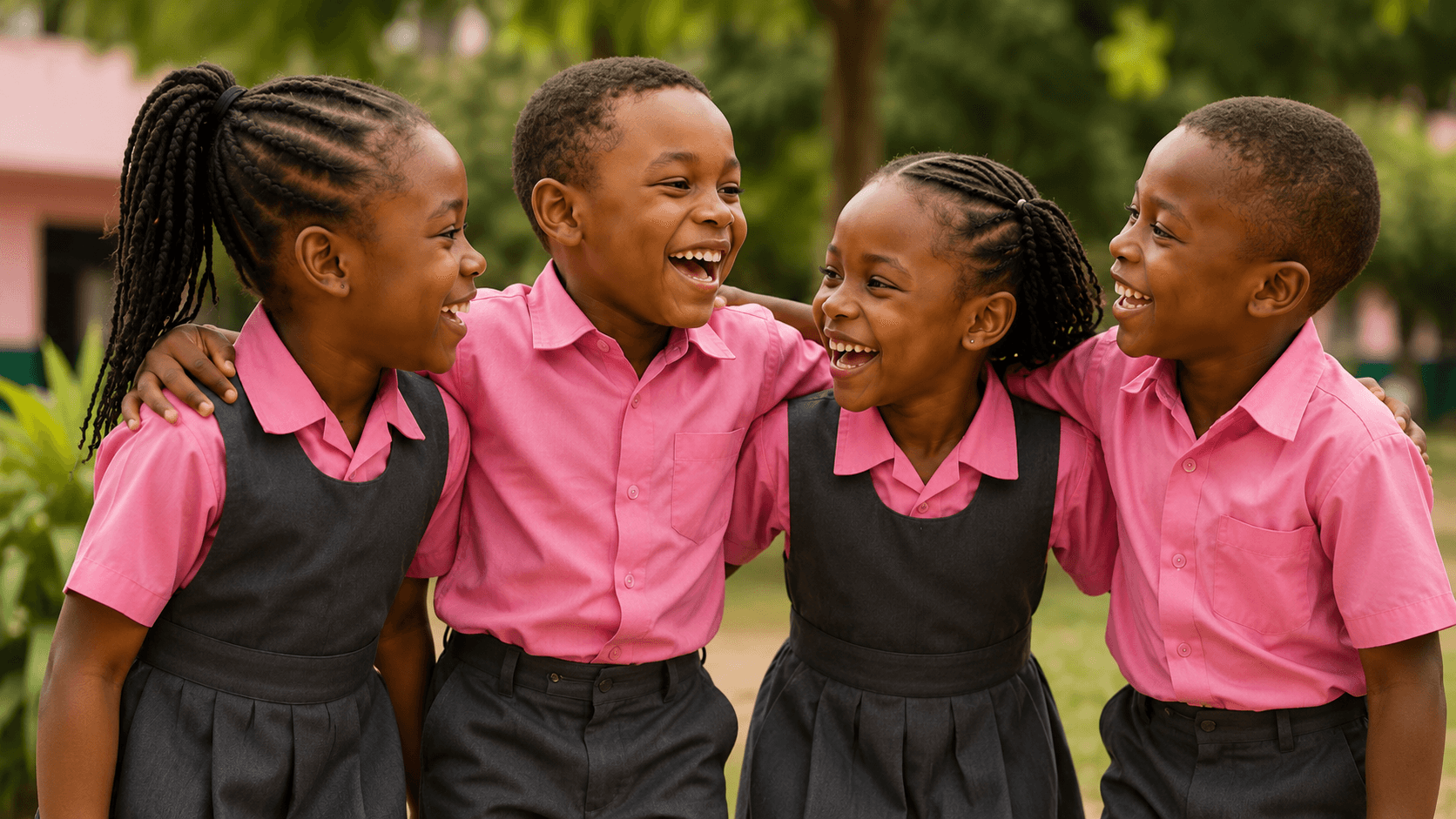 Four smiling Calvary students in pink and charcoal uniforms with arms around each other